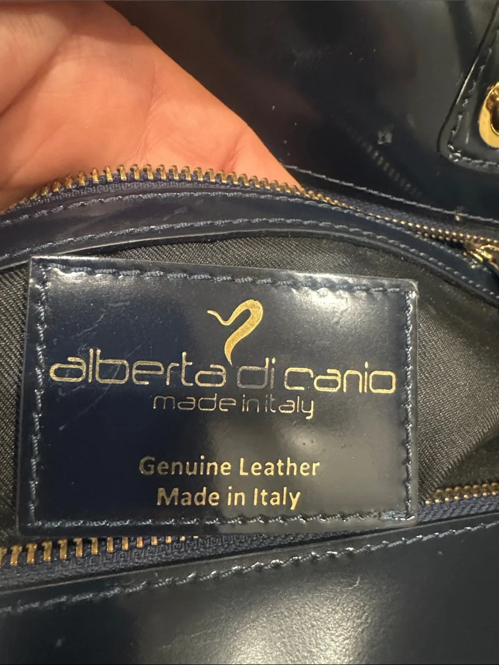 Italian Navy Blue Patent Leather Satchel Handbag with Gold Hardware